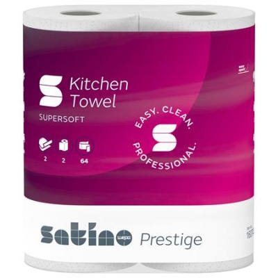 Papierové utierky, dvojvrstvové, 2 kotúče, 64 listov, "Satino Prestige", biele
